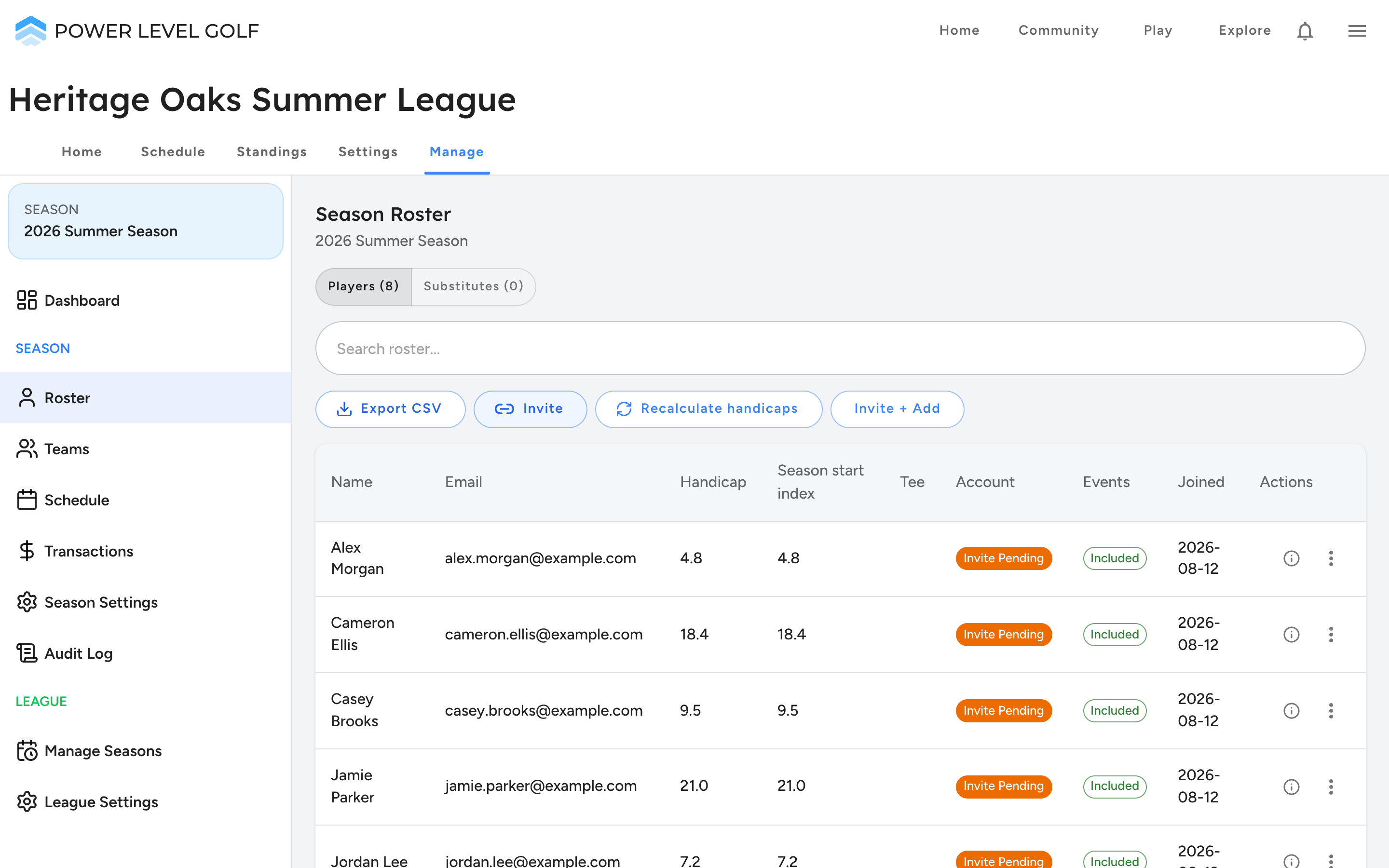 Power Level Golf claimable club roster with handicap tracking