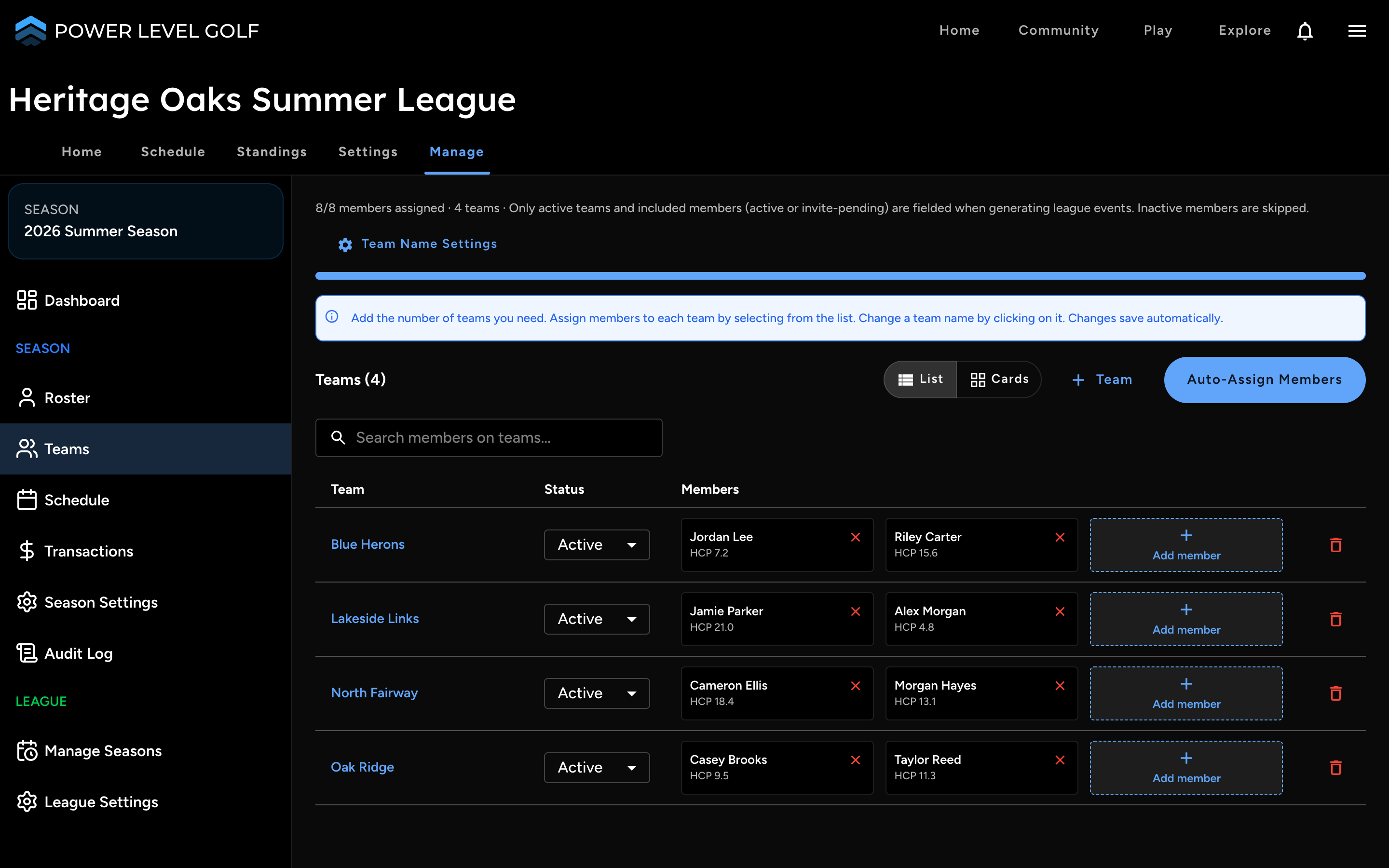 Power Level Golf league team management for a club season