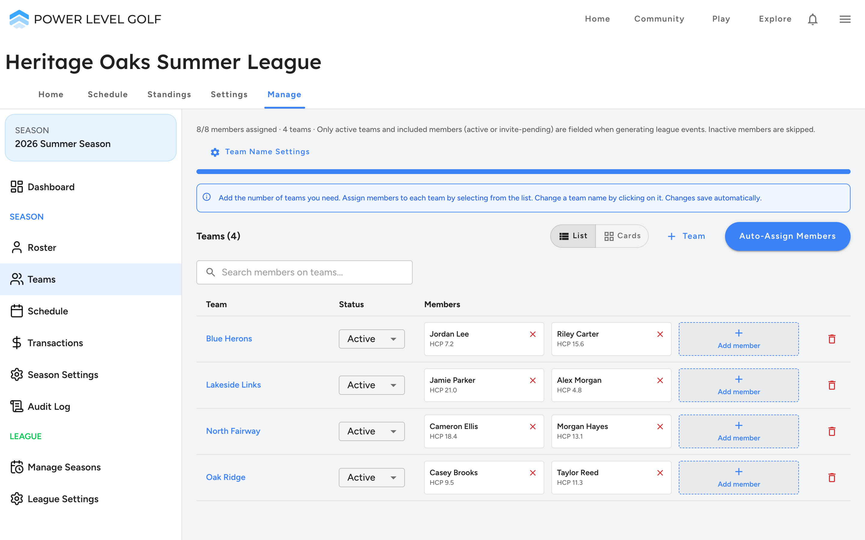 Power Level Golf league team management for a club season