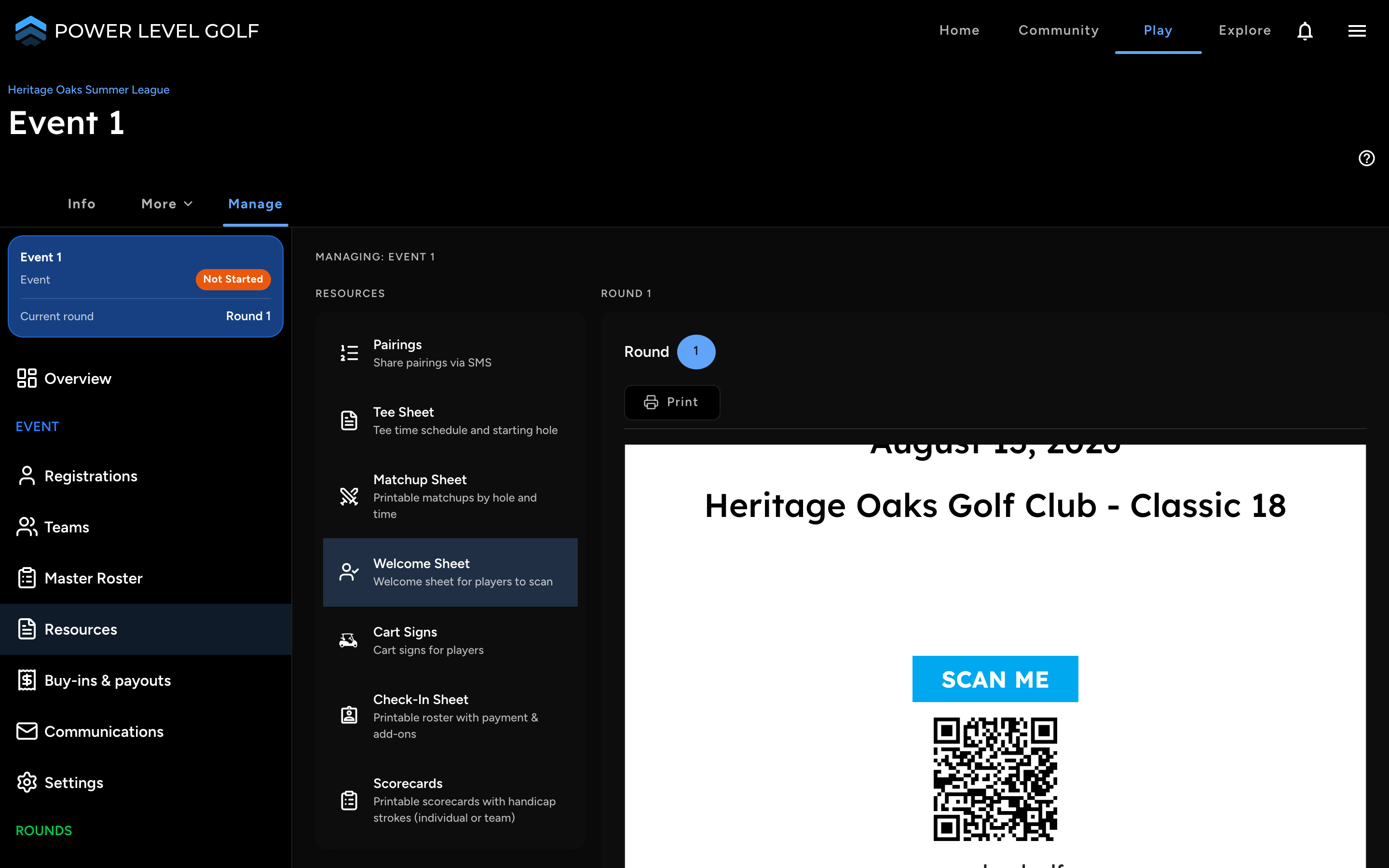 Power Level Golf printable club welcome sheet with QR code