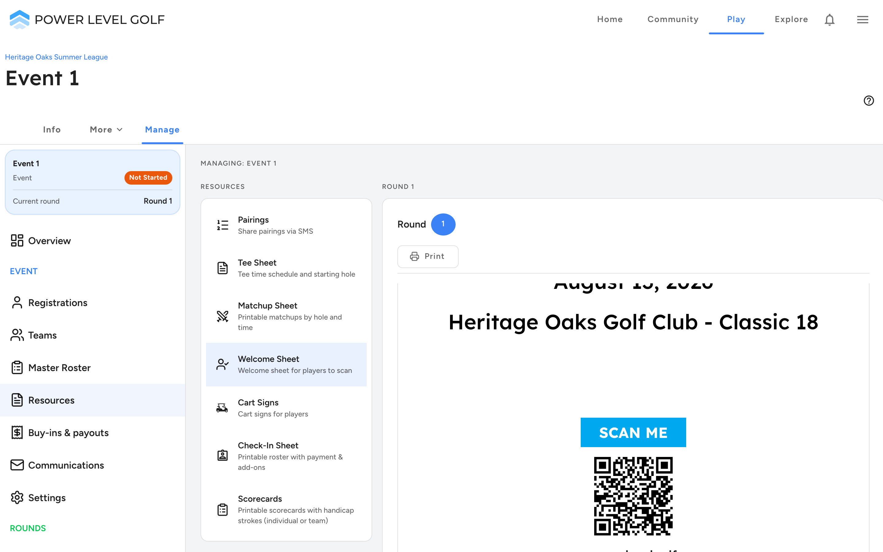 Power Level Golf printable club welcome sheet with QR code