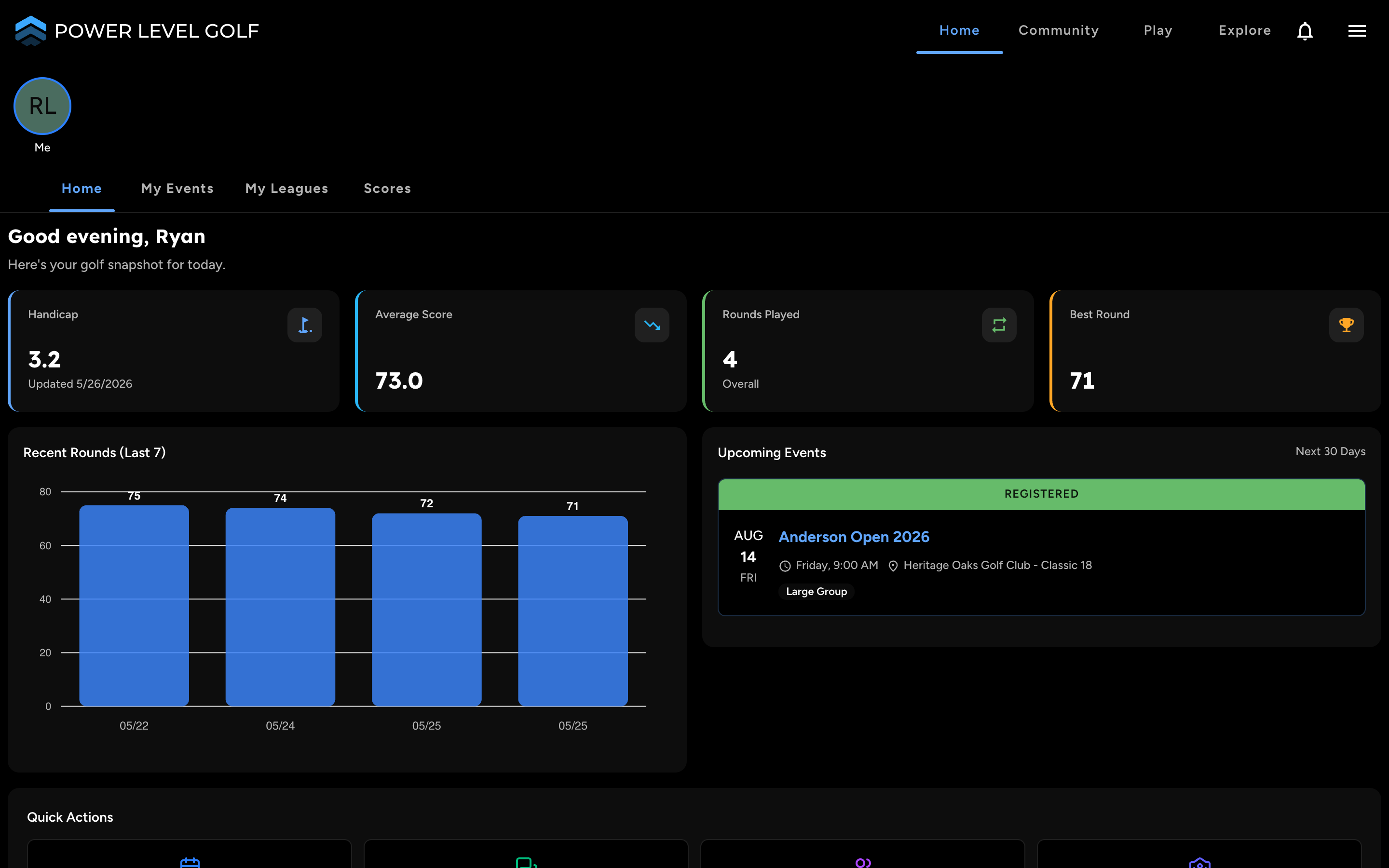 Power Level Golf home dashboard with handicap, scoring metrics, recent-round chart, and upcoming event