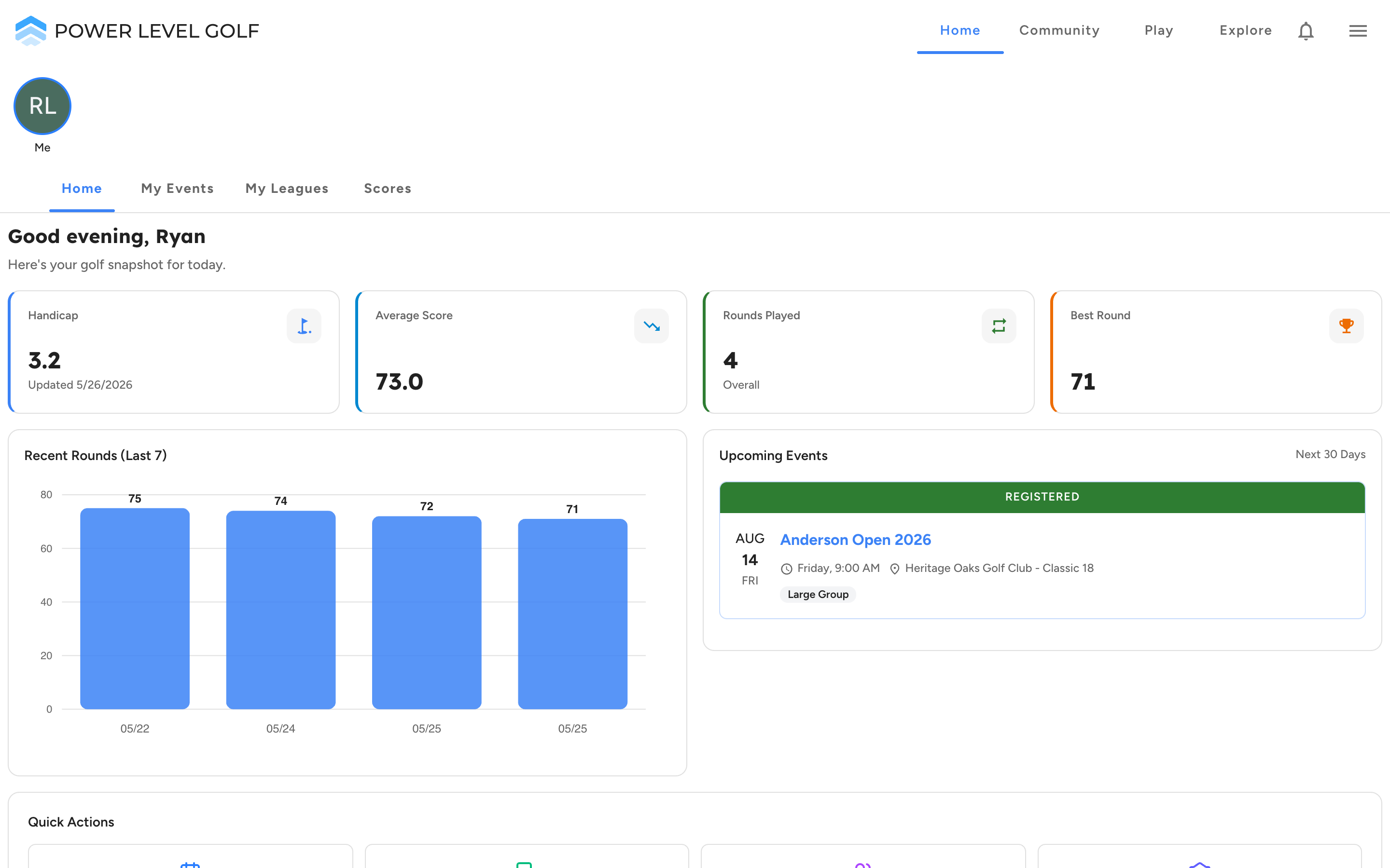 Power Level Golf home dashboard with handicap, scoring metrics, recent-round chart, and upcoming event