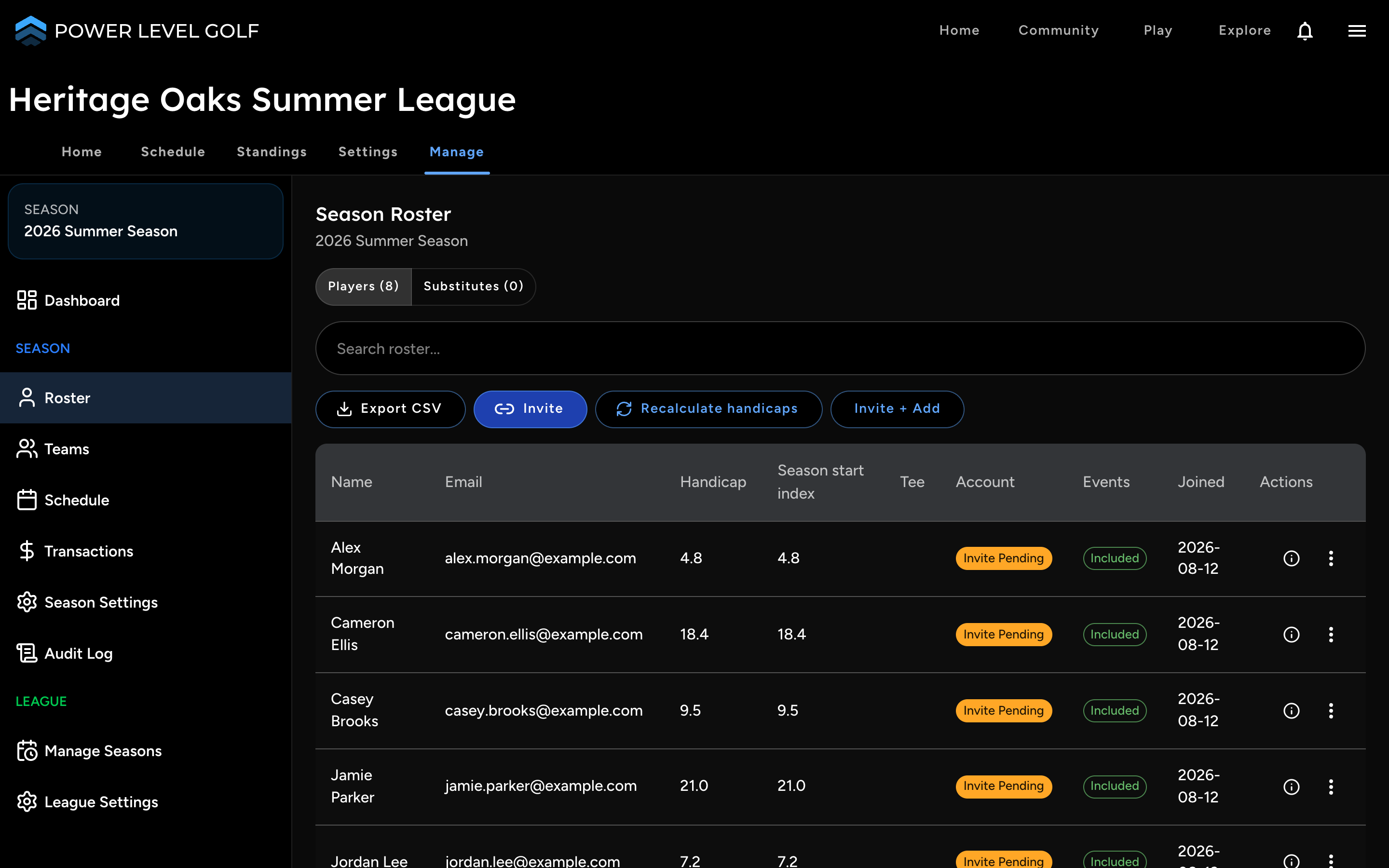 Power Level Golf league roster with automatic handicap recalculation