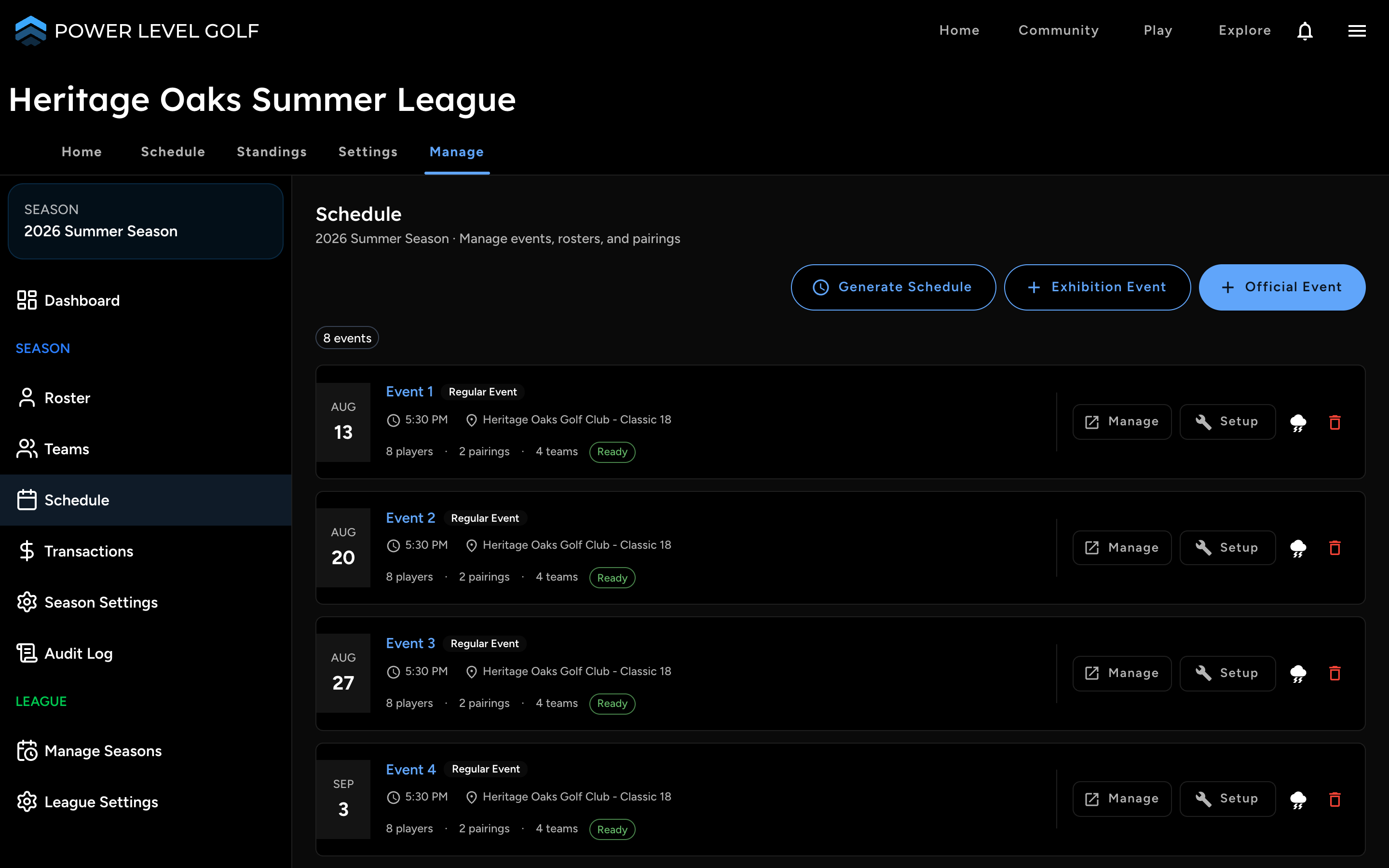 Power Level Golf generated league season schedule