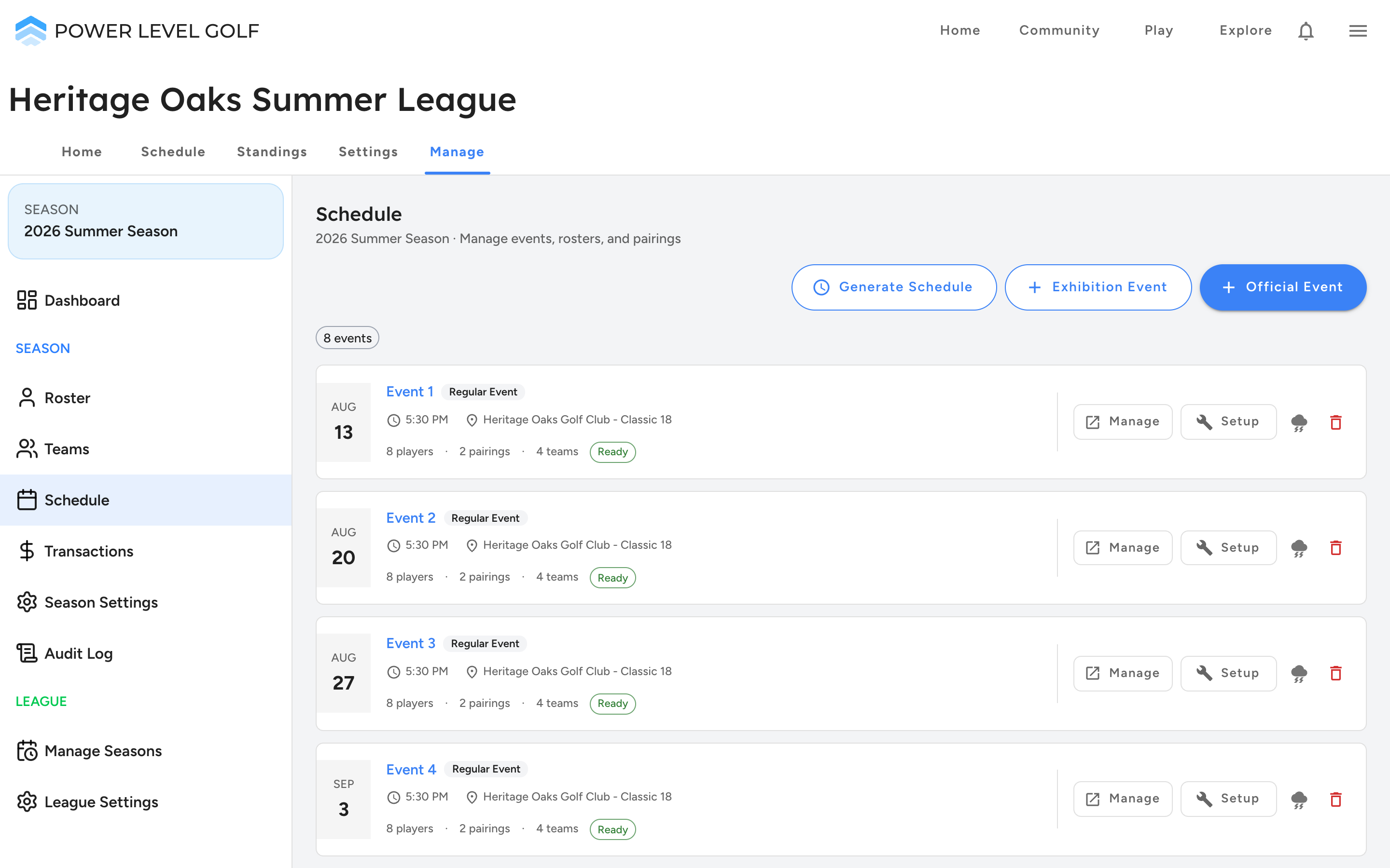 Power Level Golf generated league season schedule